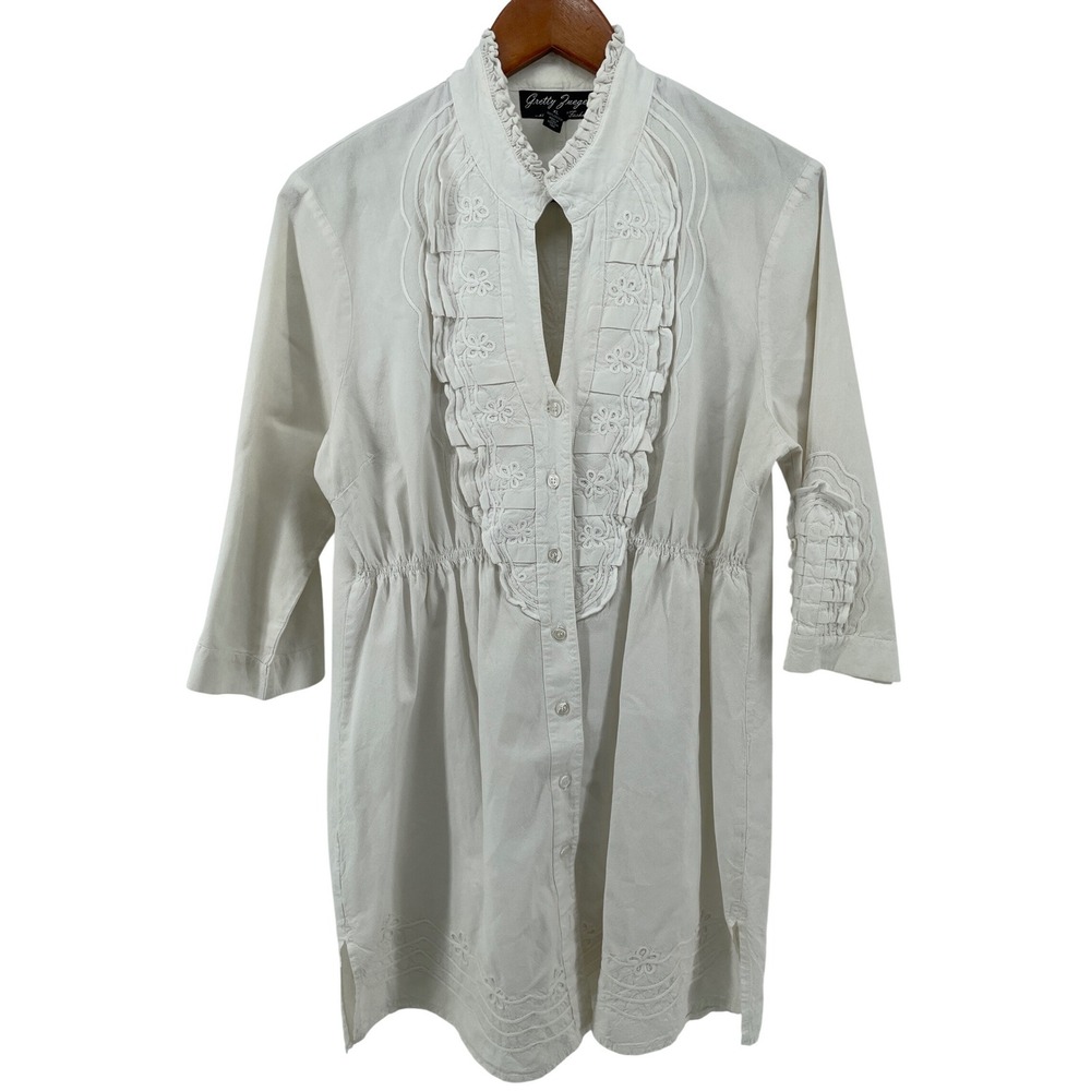 Gretty Zueger Embroidered Ruffle Top Womens XL White Cotton Cottage Country Boho